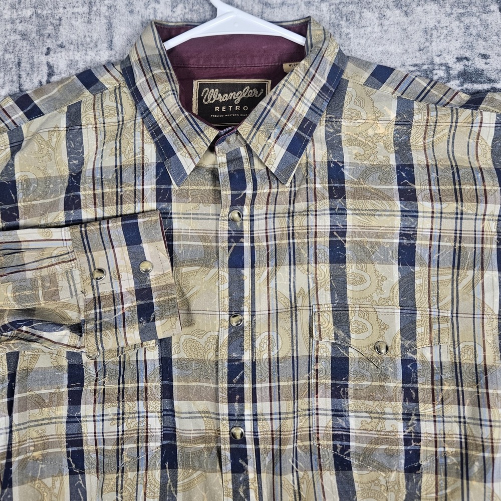Wrangler Retro Shirt Mens L Beige Plaid Paisley Western Snap Long Sleeve